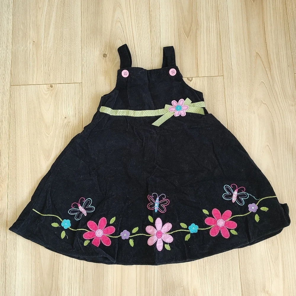 Black Corduroy Dress with Embroidered Flowers 4y